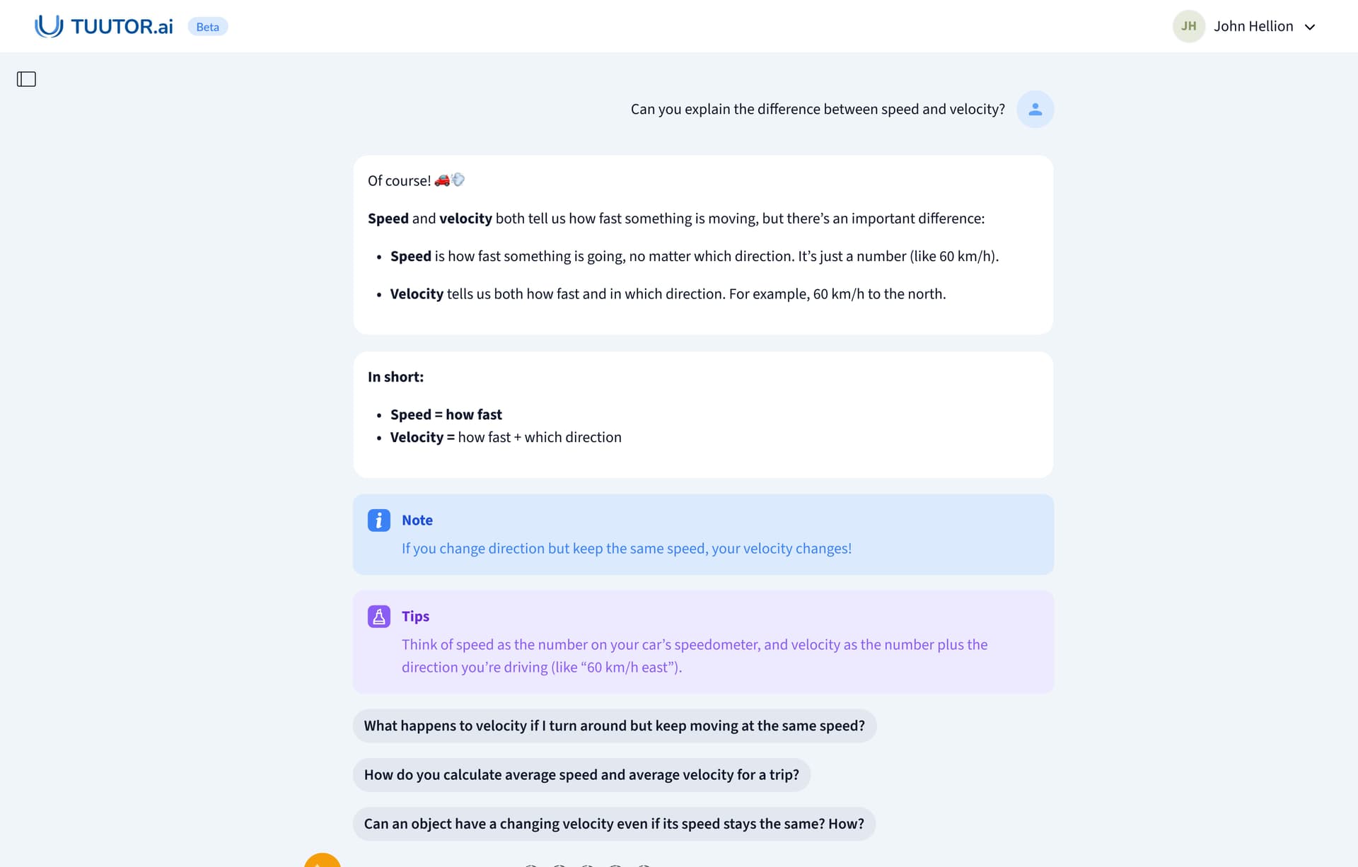 Image of the TUUTOR AI chat software and page with the response model